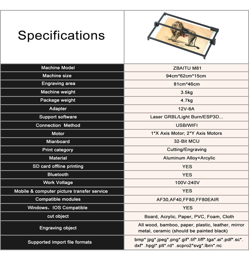 Load image into Gallery viewer, ZBAITU C80-EAIR laser engraving machine 81X46CM 10w laser module head with air assist - ZBAITU