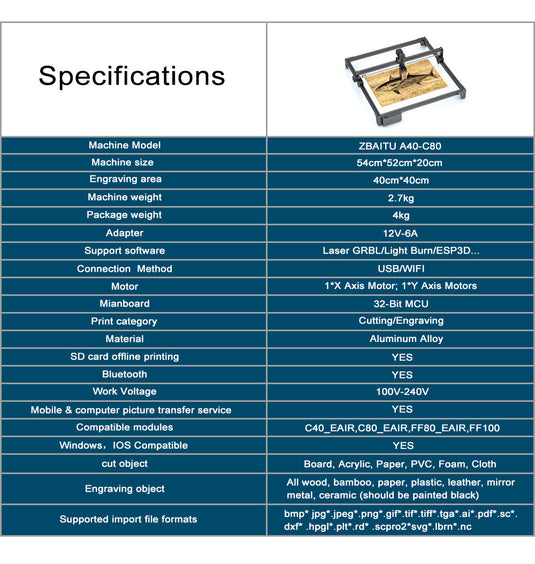 ZBAITU Laser Engraving Machine 40X40CM, 40W/80W Laser Module - ZBAITU