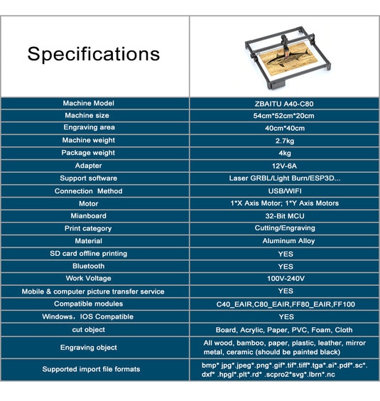 ZBAITU Laser Engraving Machine 40X40CM, 40W/80W Laser Module - ZBAITU